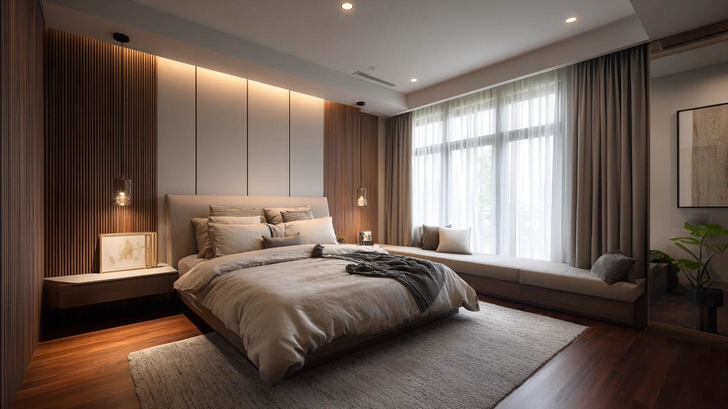 Layered warm bedroom lighting with pendant bedside lights and perimeter downlights in a KL condo