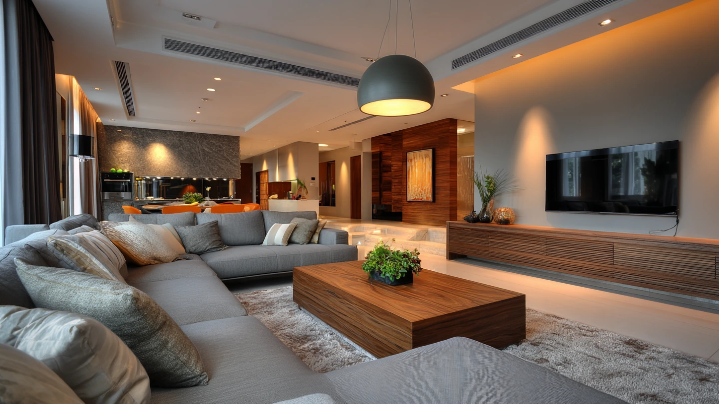 Warmly lit Malaysian condo living room with pendant light and recessed downlights at night