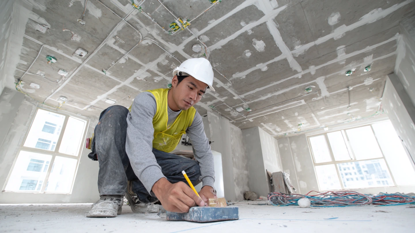Electrician marking out lighting points on ceiling before plastering in a Malaysian home renovation