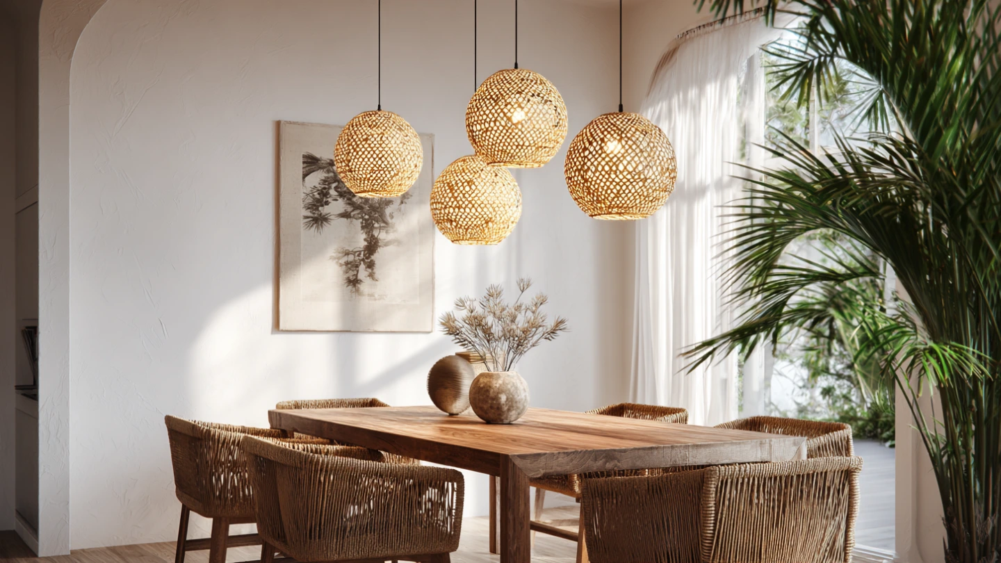Rattan globe pendant light over a wooden dining table in a Malaysian condo dining room