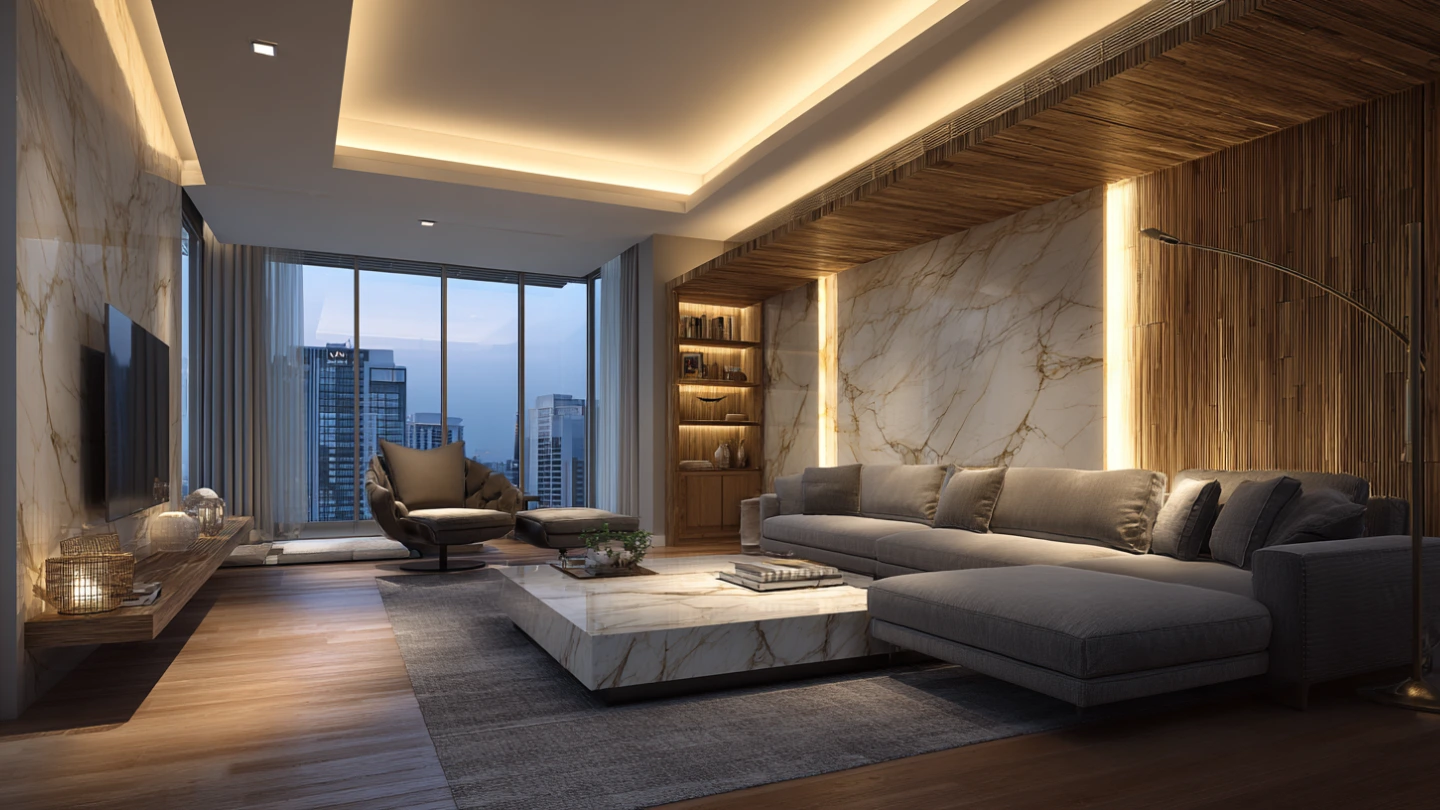 Living room showing three layers of lighting — downlights, strip cove lighting, and floor lamp in Malaysian condo