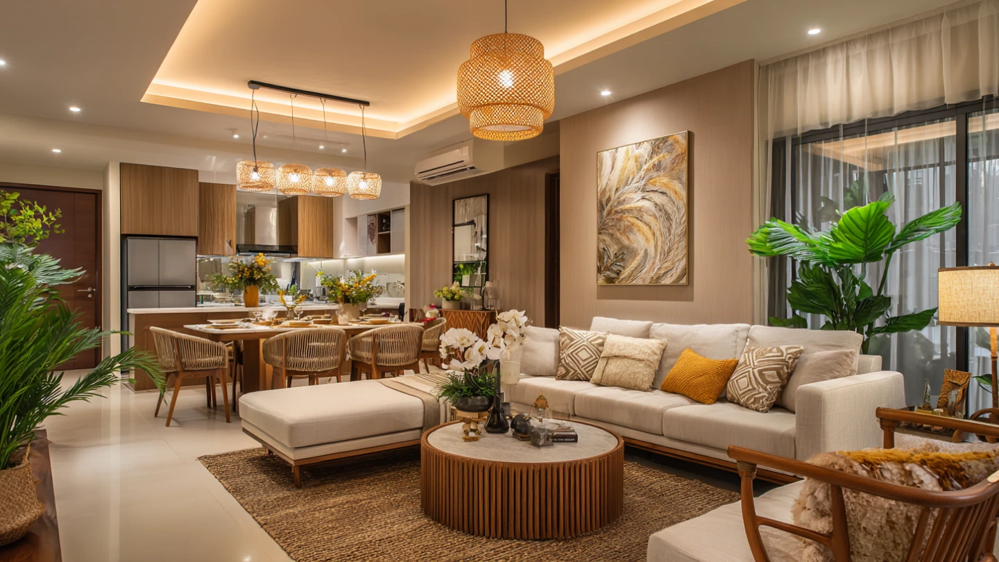 Beautifully lit completed Malaysian condo interior at night with layered warm lighting throughout