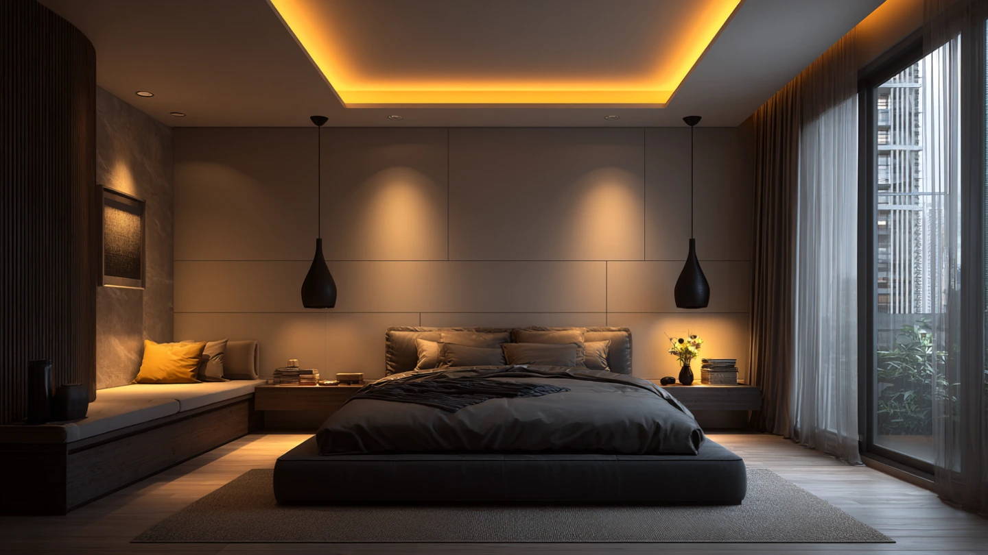 Master bedroom with cove lighting and bedside pendant lights in a modern Kuala Lumpur home Master bedroom with cove lighting and bedside pendant lights in a modern Kuala Lumpur home