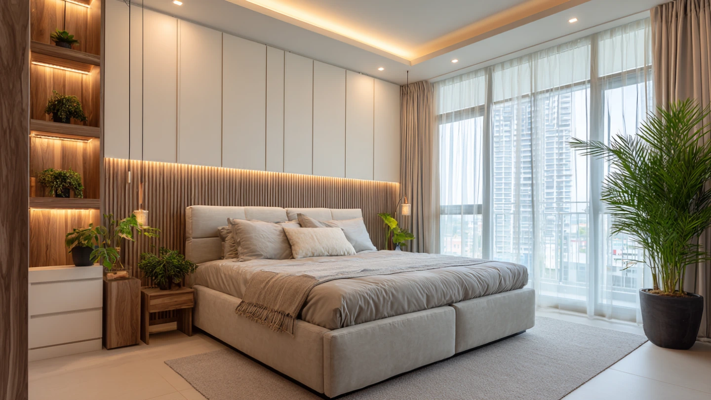 Modern master bedroom with warm lighting and built-in wardrobe in a Kuala Lumpur condo unit Modern master bedroom with warm lighting and built-in wardrobe in a Kuala Lumpur condo unit