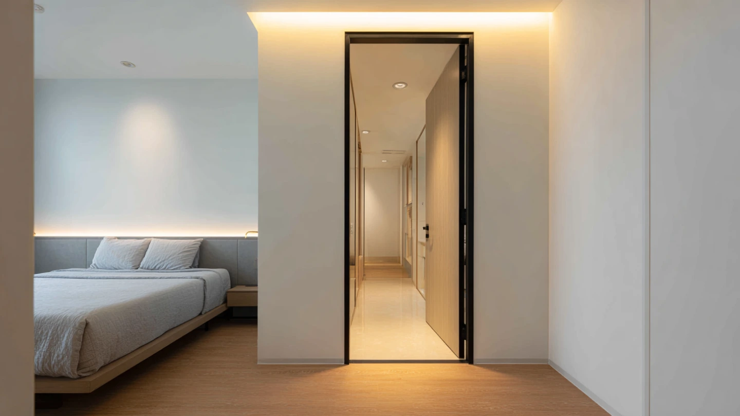 Solid-core bedroom door with clean frame detail in a modern Malaysian condominium master bedroom Solid-core bedroom door with clean frame detail in a modern Malaysian condominium master bedroom