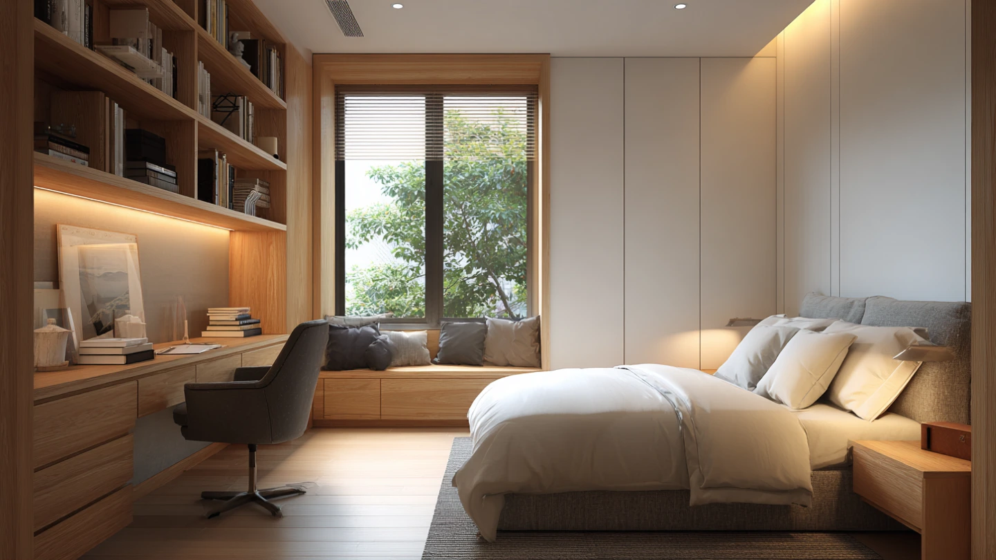 Master bedroom with integrated study nook and built-in desk in a Malaysian landed property Master bedroom with integrated study nook and built-in desk in a Malaysian landed property