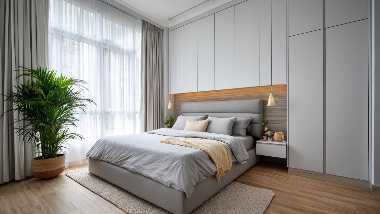 Completed master bedroom renovation with warm lighting and built-in wardrobe in a Malaysian terrace house Completed master bedroom renovation with warm lighting and built-in wardrobe in a Malaysian terrace house