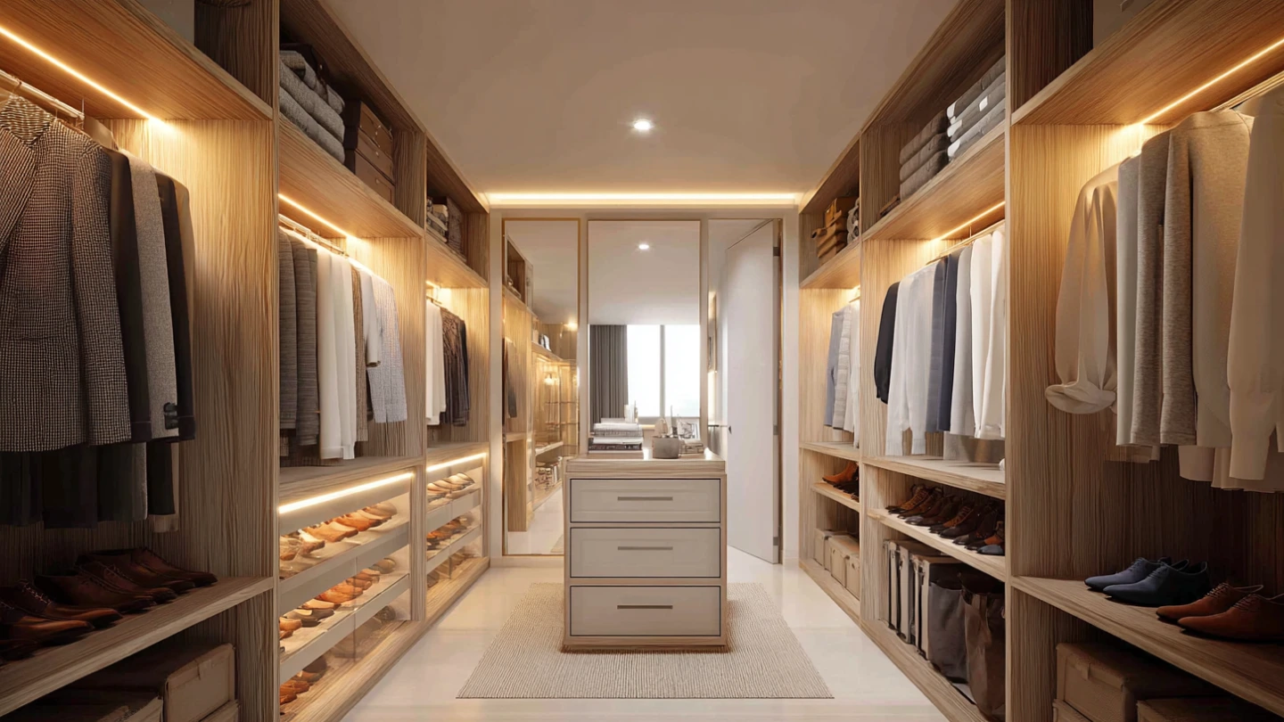 Organised walk-in wardrobe with hanging zones and shoe shelves in a Malaysian terrace house master bedroom Organised walk-in wardrobe with hanging zones and shoe shelves in a Malaysian terrace house master bedroom