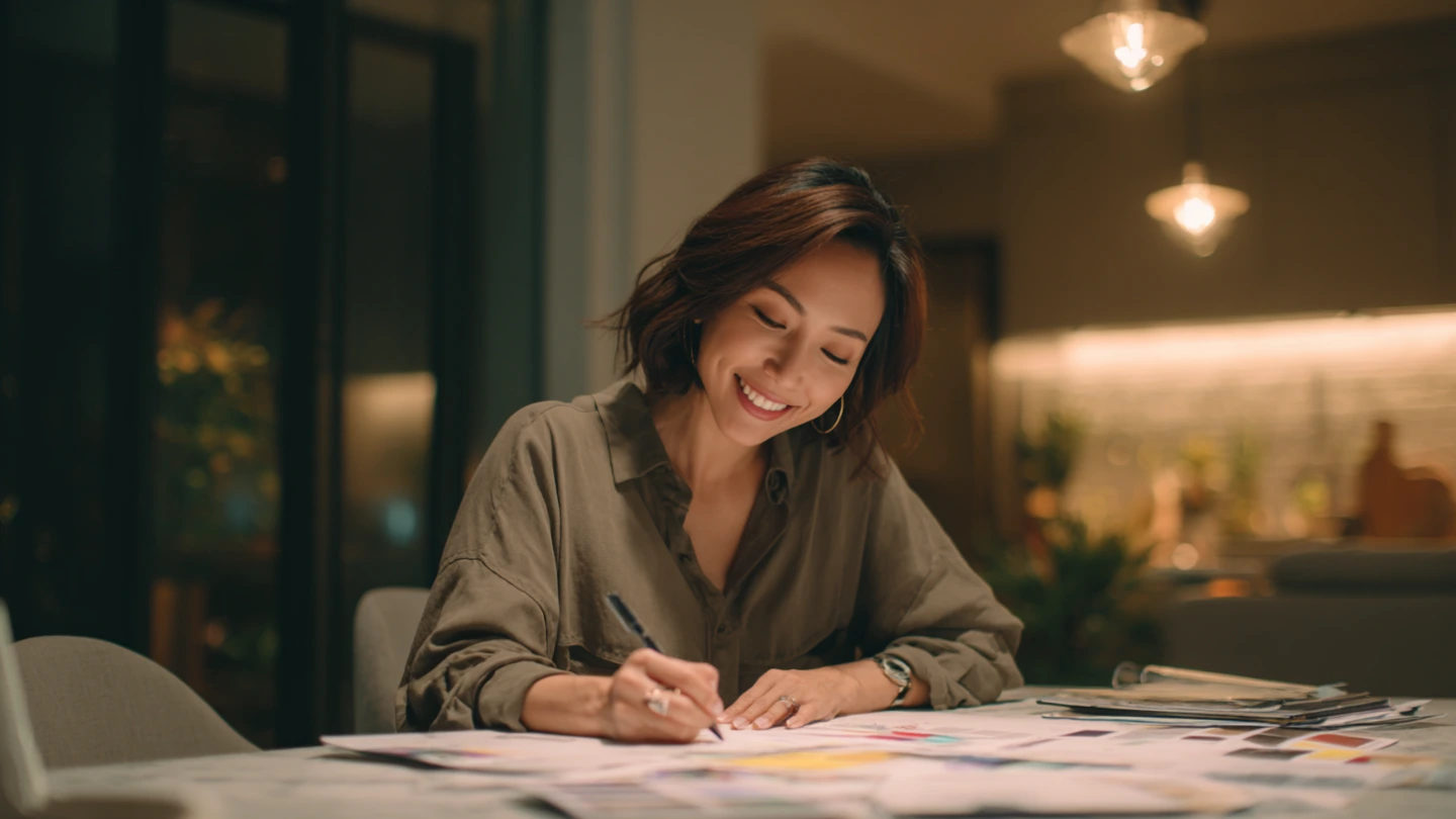 Malaysian homeowner ticking renovation planning checklist with documents organised on table in KL home Malaysian homeowner ticking renovation planning checklist with documents organised on table in KL home