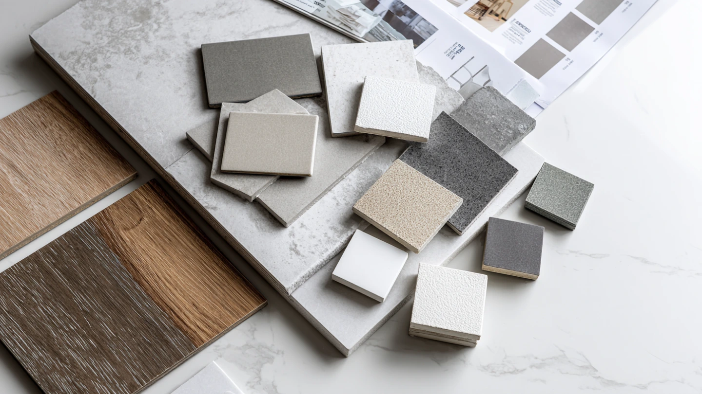 Renovation material samples including porcelain tiles and wood laminates laid out for comparison in Malaysia Renovation material samples including porcelain tiles and wood laminates laid out for comparison in Malaysia