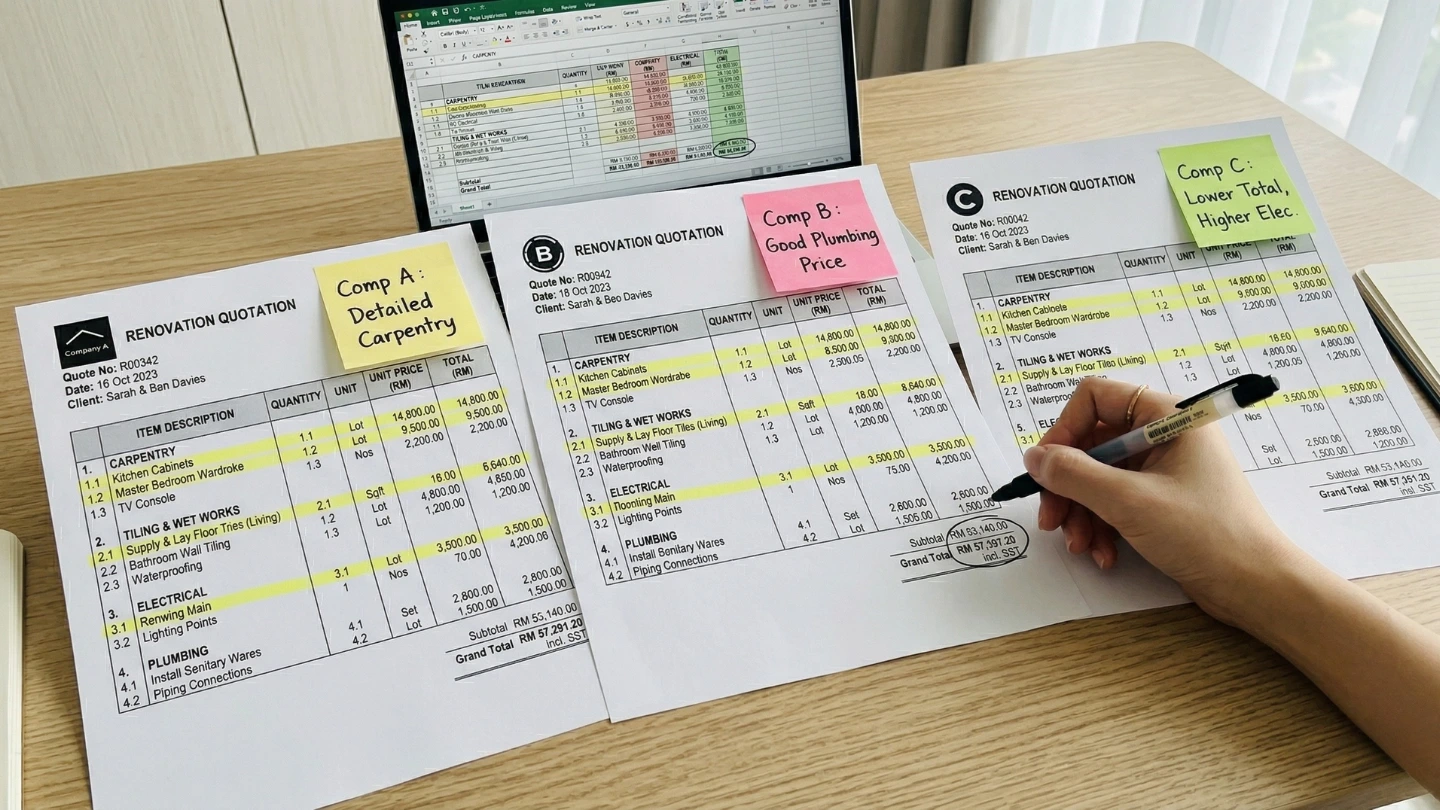 Three renovation quotation documents side by side being compared by Malaysian homeowner Three renovation quotation documents side by side being compared by Malaysian homeowner