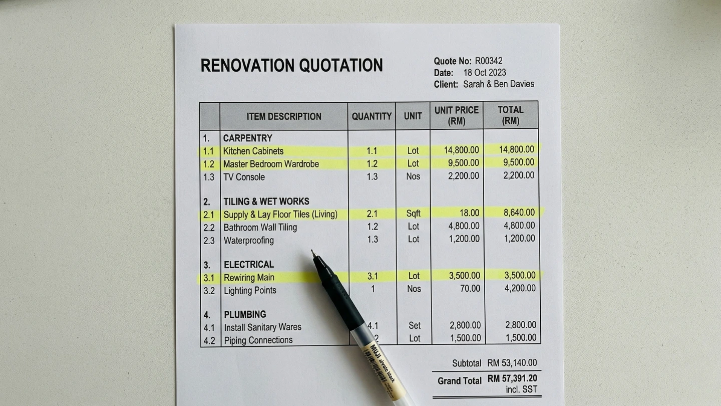 Close-up of detailed renovation quotation line items on paper showing RM pricing in Malaysia Close-up of detailed renovation quotation line items on paper showing RM pricing in Malaysia