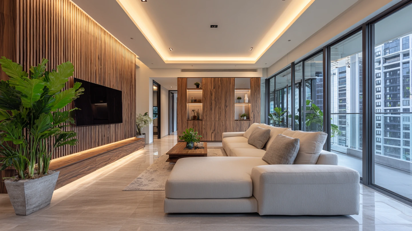 Beautifully renovated Malaysian living room with premium flooring and feature wall in a KL condo Beautifully renovated Malaysian living room with premium flooring and feature wall in a KL condo