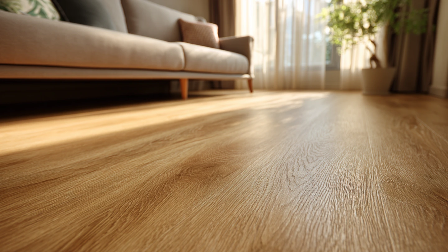Close-up of premium SPC vinyl plank flooring in a modern Malaysian living room renovation Close-up of premium SPC vinyl plank flooring in a modern Malaysian living room renovation