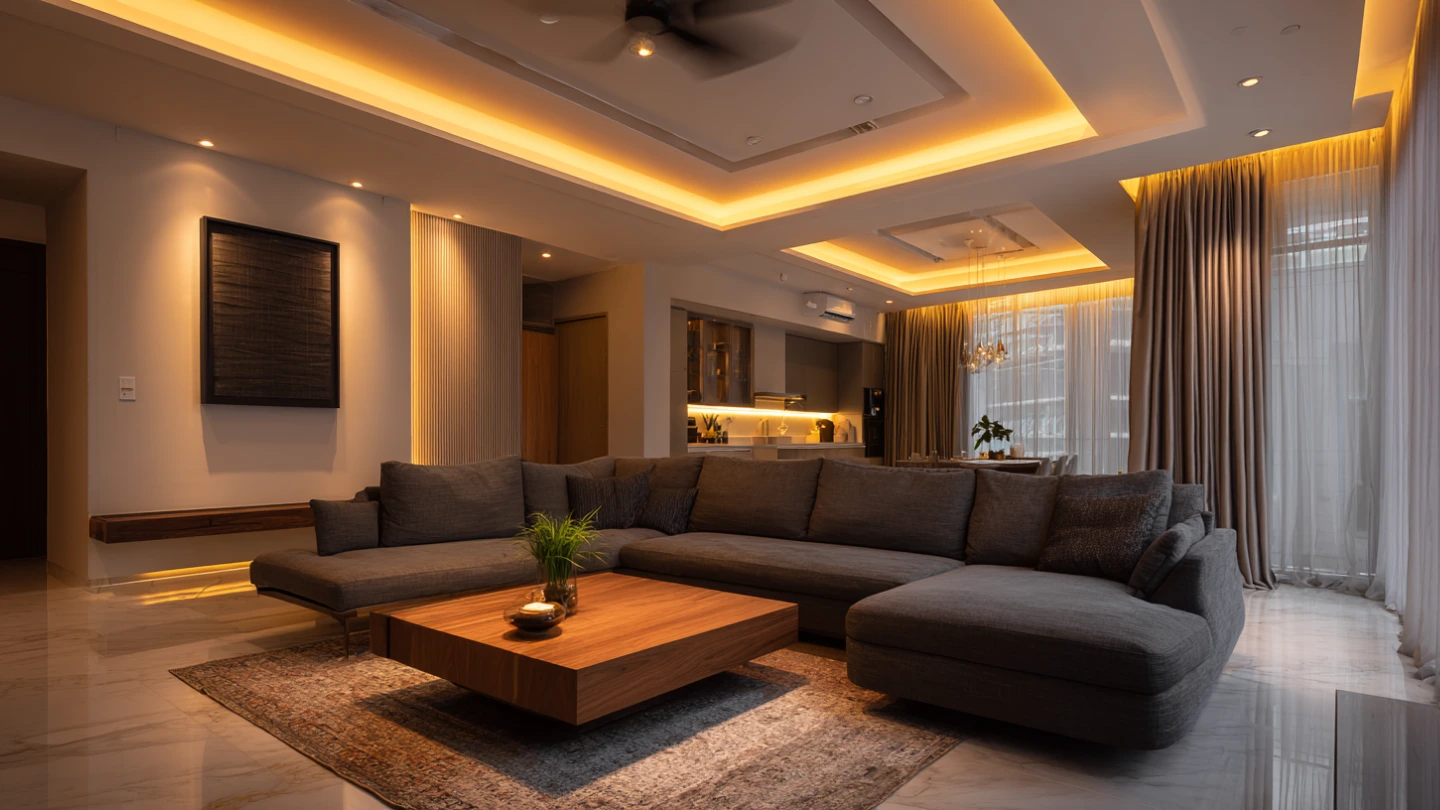 Modern false ceiling with warm cove lighting in a renovated Malaysian condo living room Modern false ceiling with warm cove lighting in a renovated Malaysian condo living room