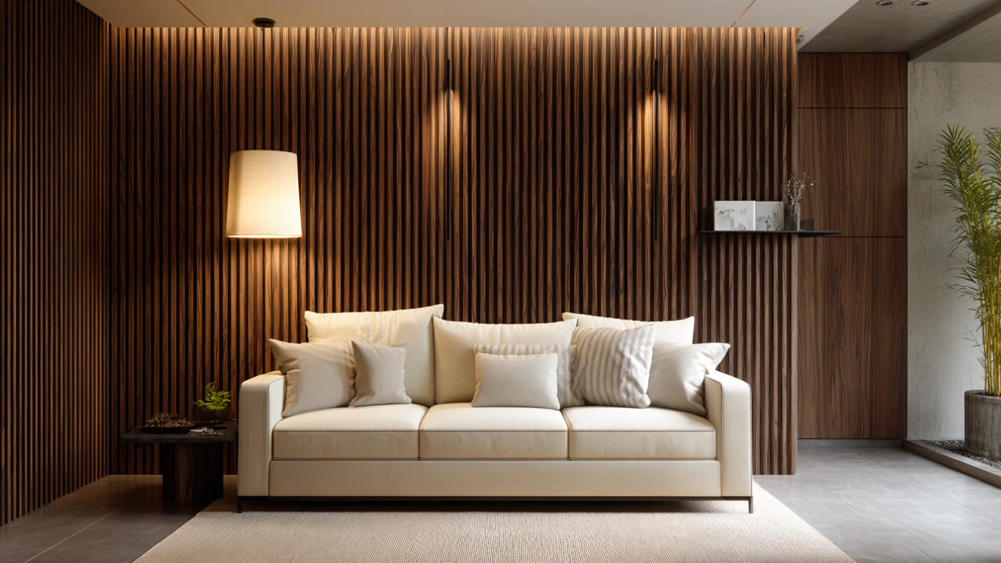 Warm timber slat feature wall behind sofa in a contemporary Malaysian condo living room Warm timber slat feature wall behind sofa in a contemporary Malaysian condo living room