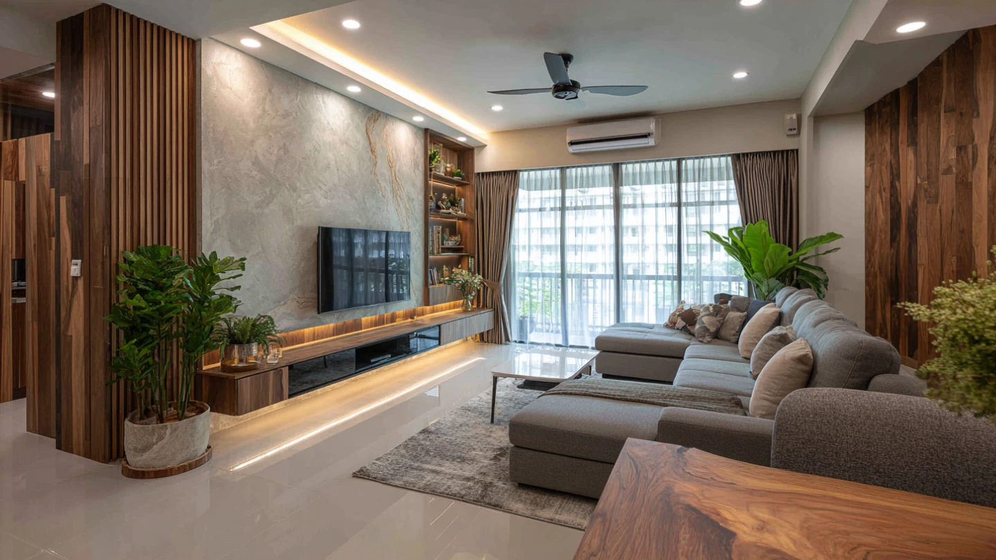 Completed modern living room renovation in a Malaysian terrace house with feature wall and premium flooring Completed modern living room renovation in a Malaysian terrace house with feature wall and premium flooring