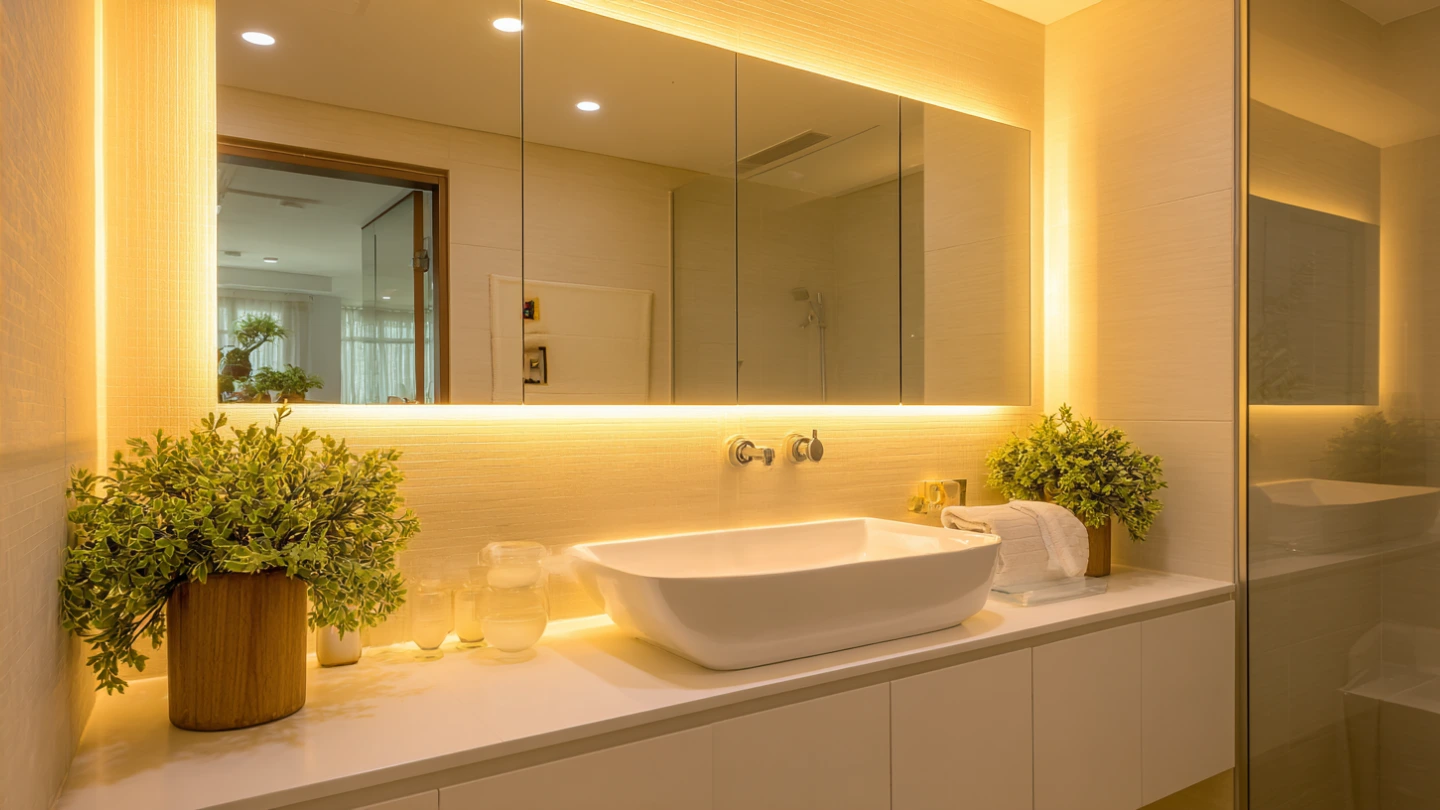 Well-lit bathroom vanity with warm LED mirror light and recessed ceiling downlights in KL condo Well-lit bathroom vanity with warm LED mirror light and recessed ceiling downlights in KL condo