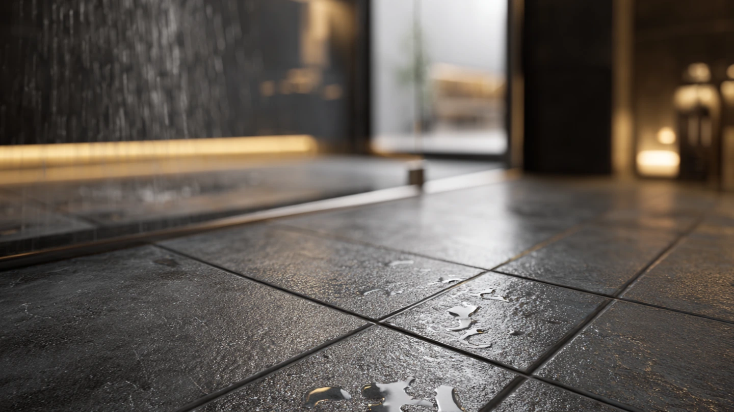 Bathroom floor tiles with non-slip texture laid in a Malaysian terrace house wet area Bathroom floor tiles with non-slip texture laid in a Malaysian terrace house wet area