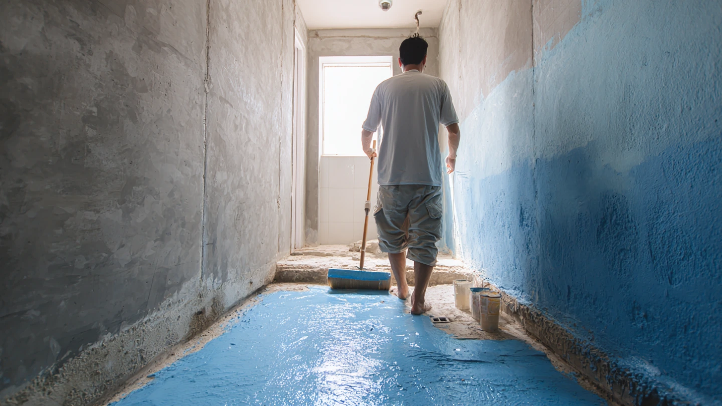 Waterproofing membrane being applied to bathroom floor and walls during renovation in Malaysia Waterproofing membrane being applied to bathroom floor and walls during renovation in Malaysia