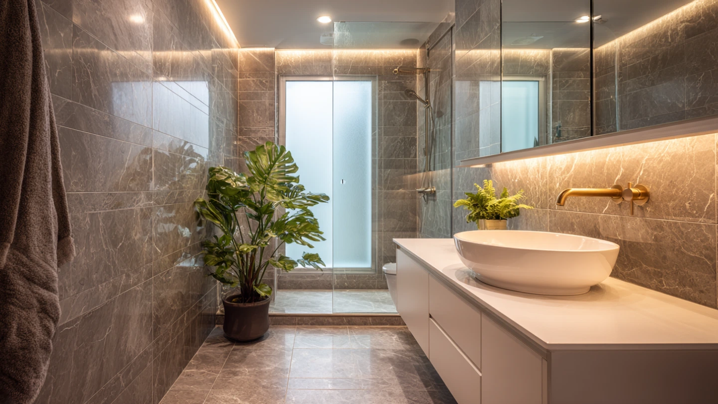 Modern renovated bathroom with marble-effect tiles and frameless shower in Kuala Lumpur condo Modern renovated bathroom with marble-effect tiles and frameless shower in Kuala Lumpur condo