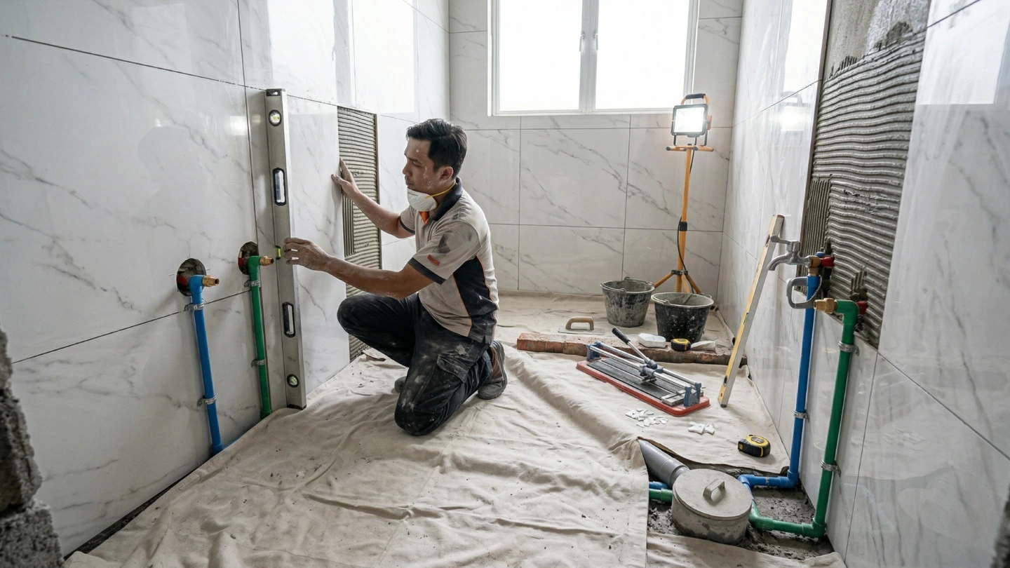 Professional contractor laying bathroom tiles with careful alignment in Malaysian home renovation Professional contractor laying bathroom tiles with careful alignment in Malaysian home renovation