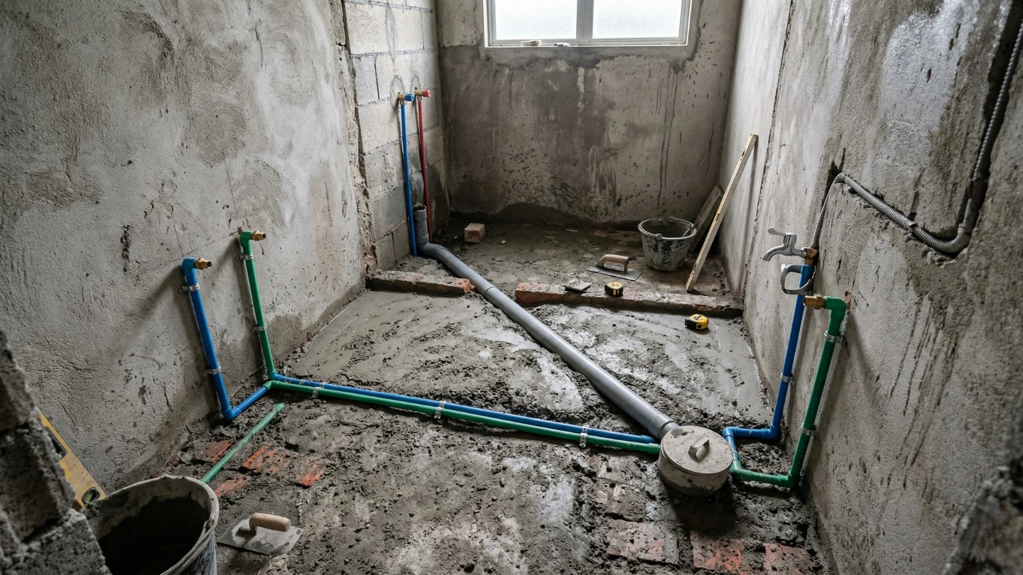 Bathroom plumbing pipes and drainage layout during renovation in Malaysian landed home Bathroom plumbing pipes and drainage layout during renovation in Malaysian landed home