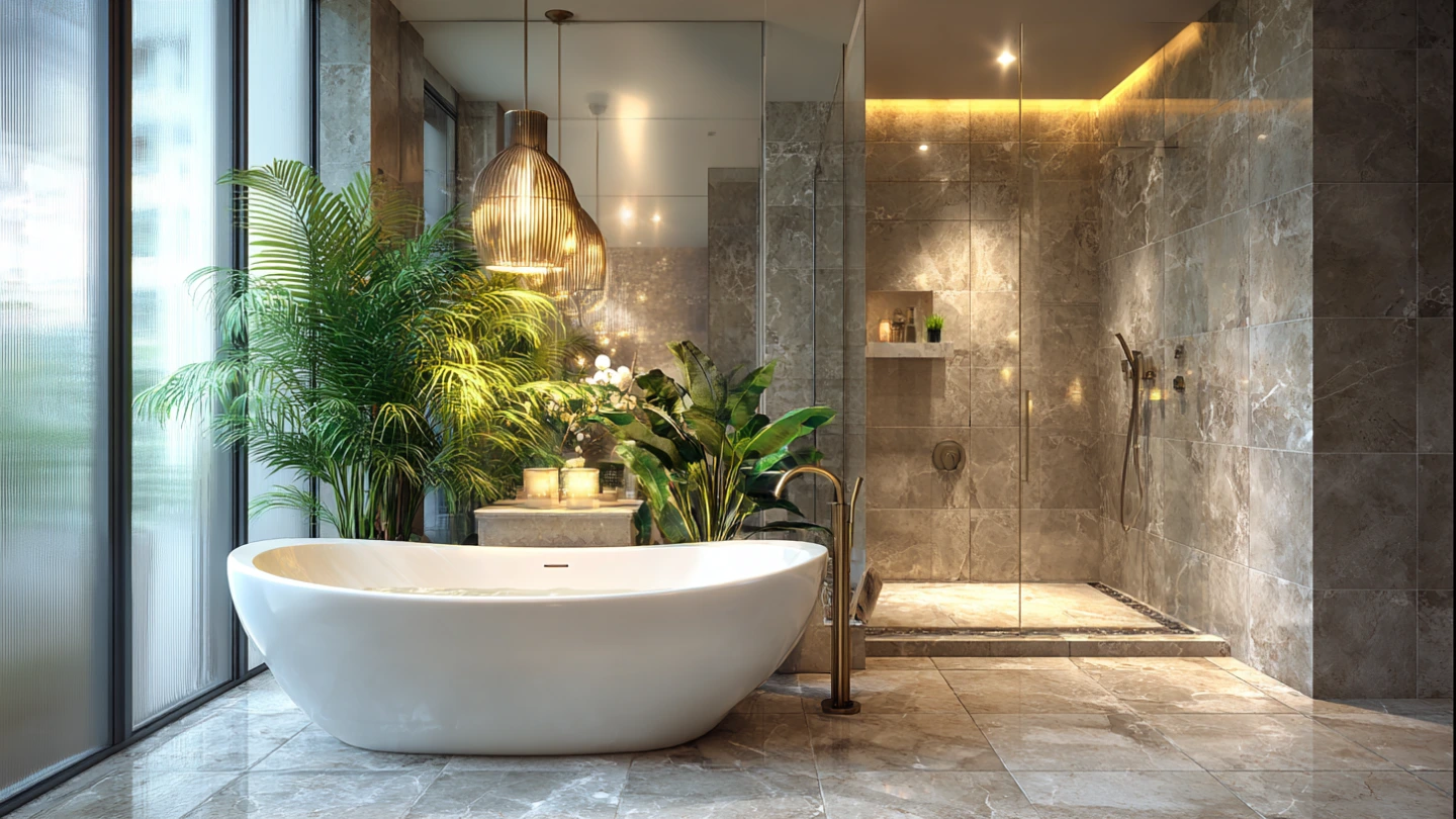 Completed modern bathroom renovation with freestanding bathtub and natural stone tiles in KL condo Completed modern bathroom renovation with freestanding bathtub and natural stone tiles in KL condo
