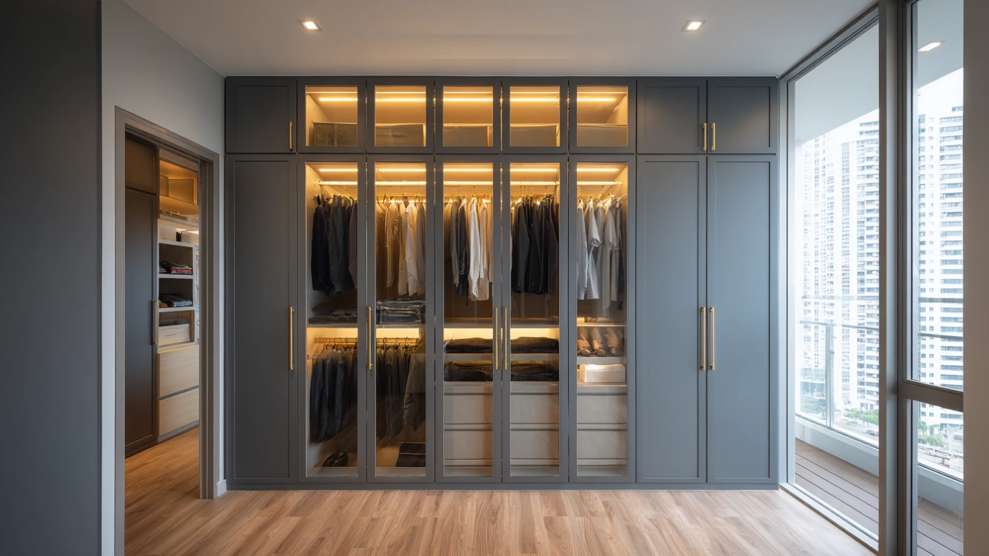 Custom built-in wardrobe with grey laminate finish and soft-close doors in KL condo master bedroom Custom built-in wardrobe with grey laminate finish and soft-close doors in KL condo master bedroom
