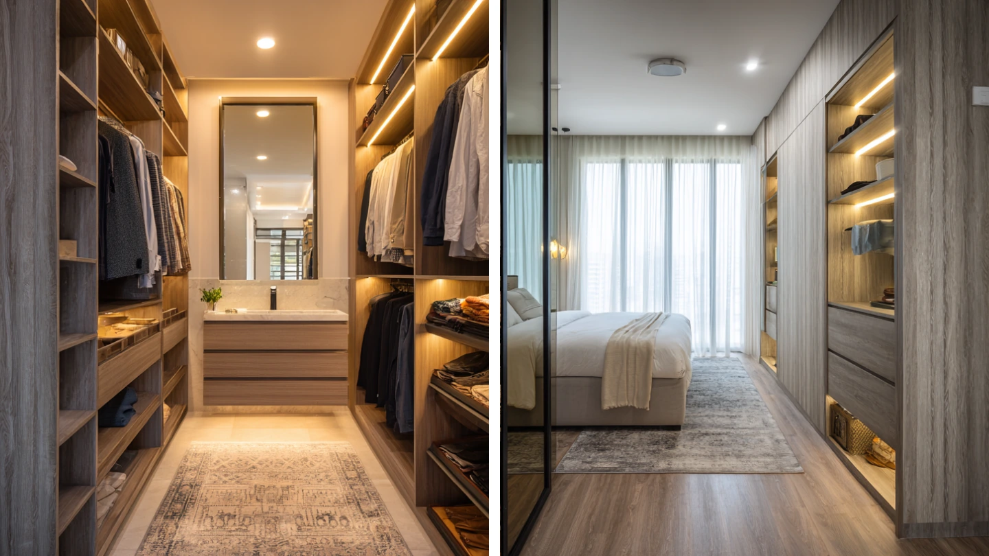 Side-by-side comparison of a walk-in wardrobe and built-in wardrobe in a Malaysian home bedroom Side-by-side comparison of a walk-in wardrobe and built-in wardrobe in a Malaysian home bedroom