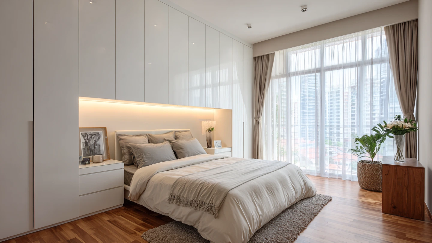 Neatly organised walk-in wardrobe interior with open shelving and island unit in Kuala Lumpur home Neatly organised walk-in wardrobe interior with open shelving and island unit in Kuala Lumpur home