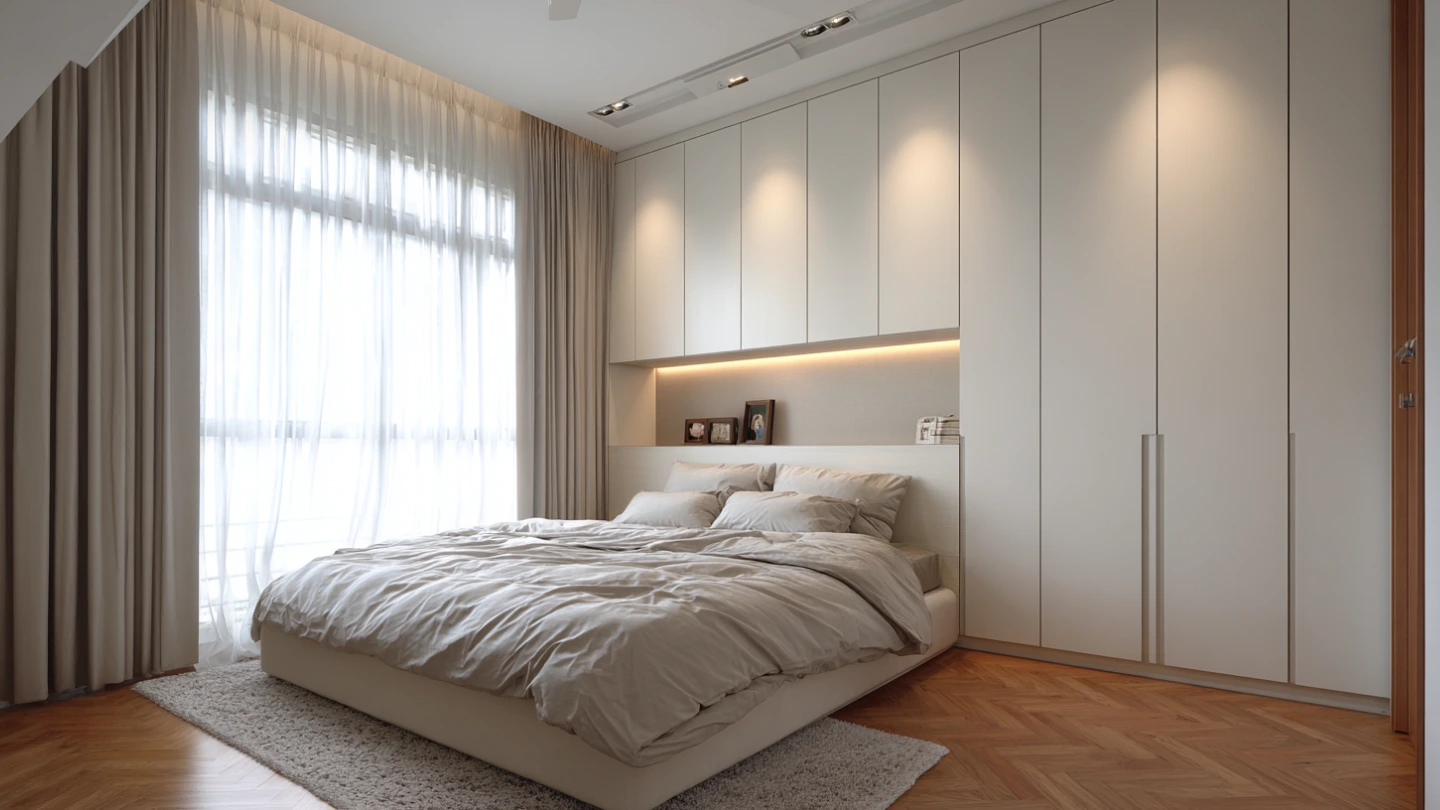 Floor-to-ceiling built-in wardrobe maximising wall space in compact Malaysian condo bedroom Floor-to-ceiling built-in wardrobe maximising wall space in compact Malaysian condo bedroom