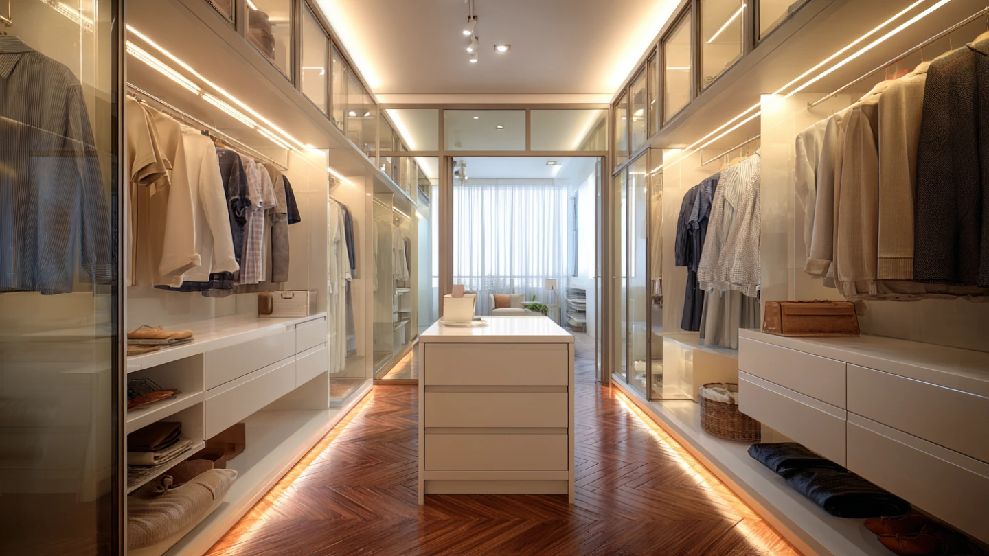 Spacious walk-in wardrobe with island unit and mirror in Malaysian landed property master bedroom Spacious walk-in wardrobe with island unit and mirror in Malaysian landed property master bedroom