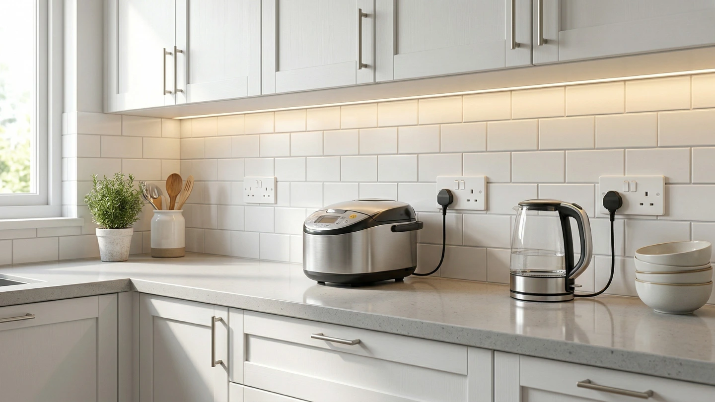 Multiple socket outlets positioned above kitchen backsplash in renovated Malaysian dry kitchen with white cabinets Multiple socket outlets positioned above kitchen backsplash in renovated Malaysian dry kitchen with white cabinets