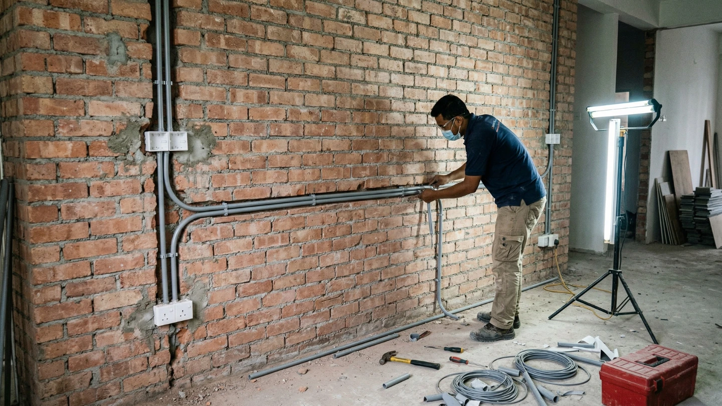 Electrician installing conduit wiring in wall during Malaysia home renovation before plastering Electrician installing conduit wiring in wall during Malaysia home renovation before plastering