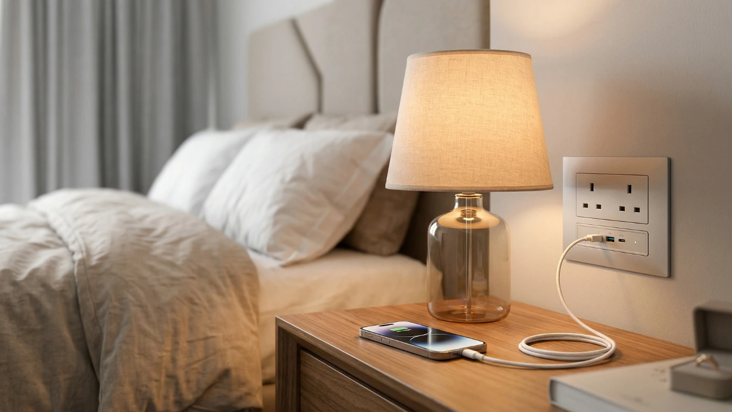 Bedside wall with double socket outlets and USB charging point in modern Malaysian master bedroom renovation Bedside wall with double socket outlets and USB charging point in modern Malaysian master bedroom renovation