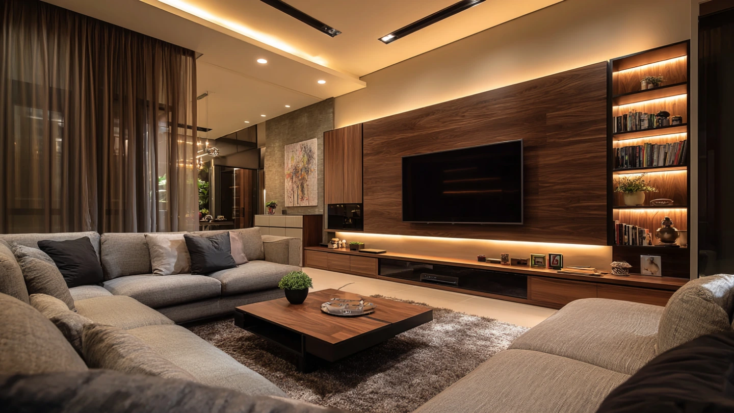Modern TV console wall with concealed plug points and cable management in Kuala Lumpur condo living room