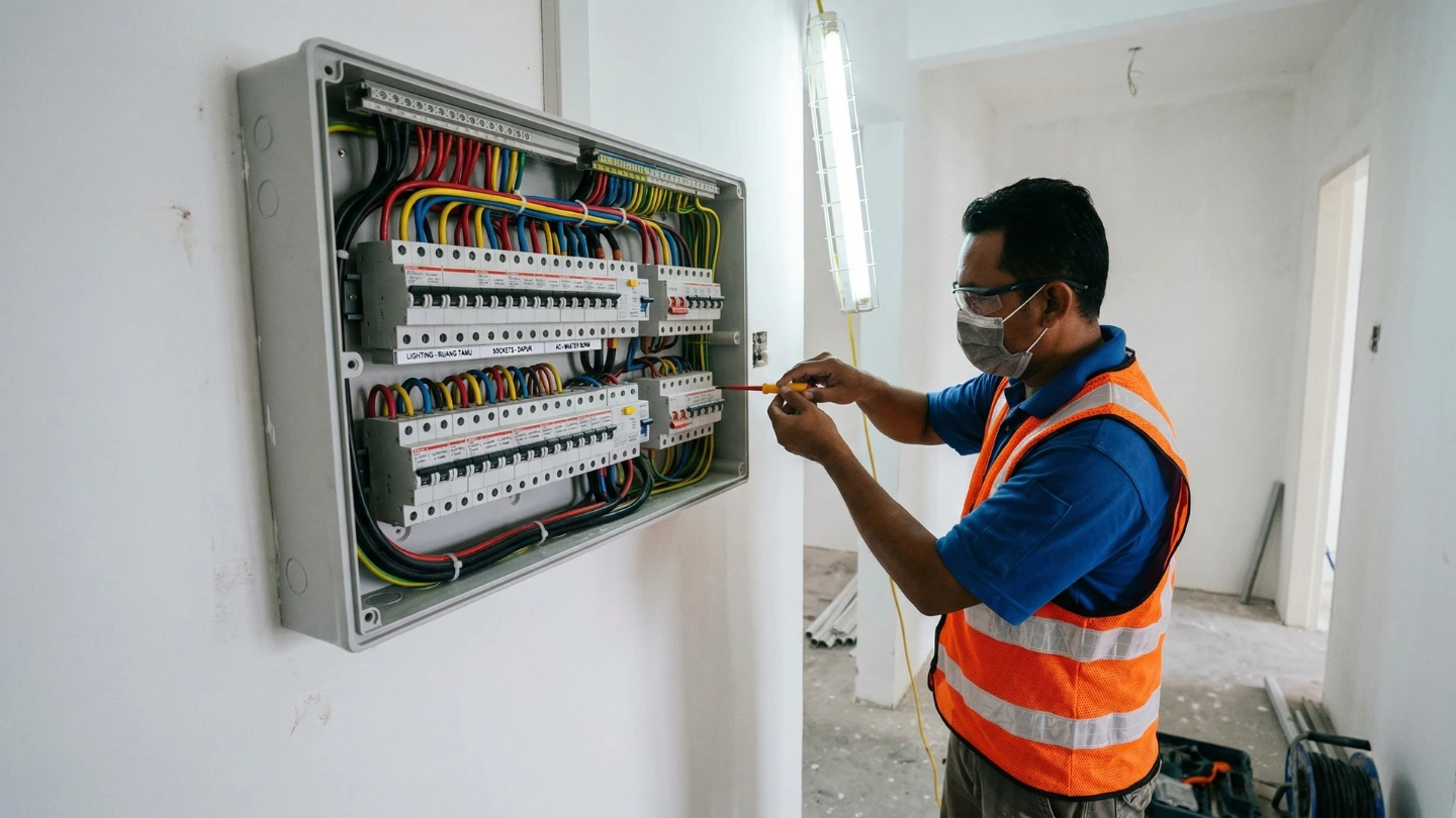 Licensed electrician inspecting residential distribution board during home renovation in Selangor Malaysia Licensed electrician inspecting residential distribution board during home renovation in Selangor Malaysia