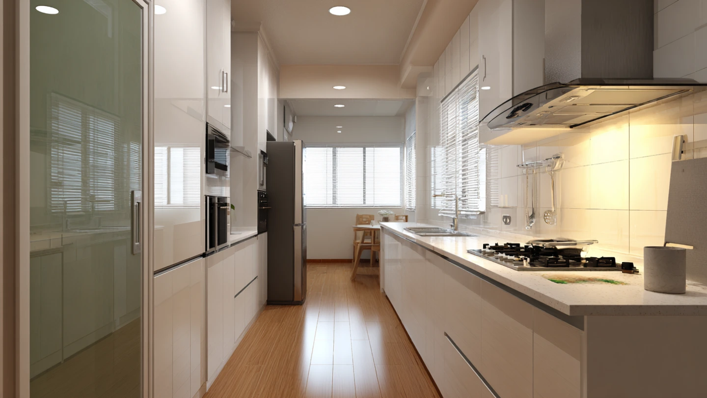 Closed wet kitchen with glass panel beside open dry kitchen in Malaysian terrace house renovation