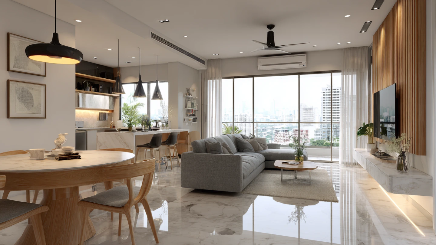Open-concept living and dining area in a modern Kuala Lumpur condo with natural light
