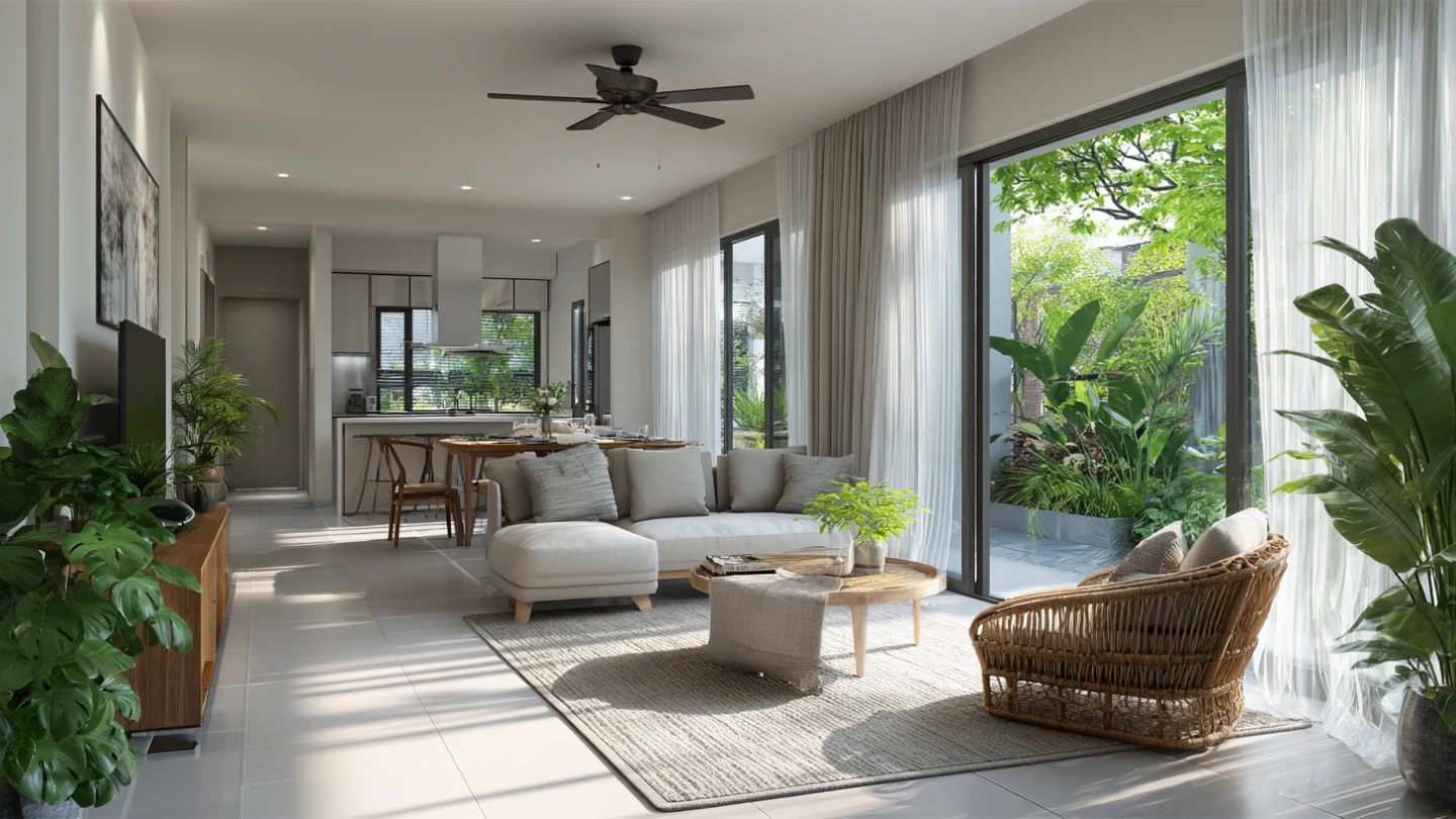 Bright open-concept living room with natural light and ventilation in Klang Valley terrace house