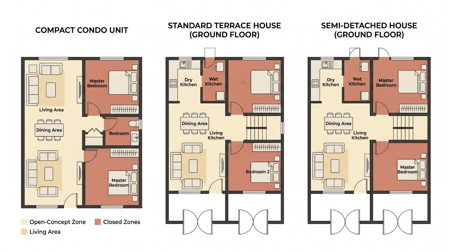 Comparison of open-concept floor plans across Malaysian condo, terrace house, and semi-D property types