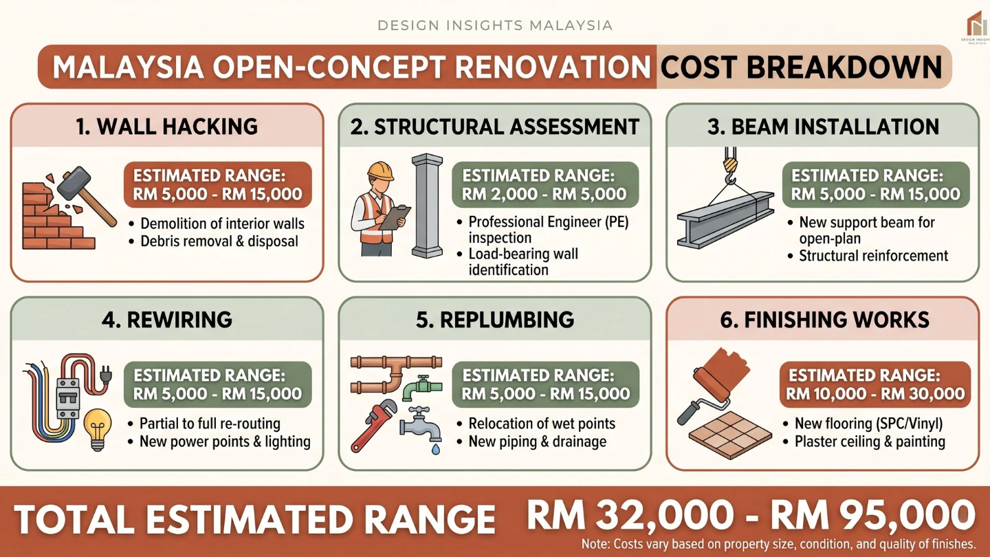 Infographic showing wall removal renovation cost breakdown for Malaysian open-concept homes in RM
