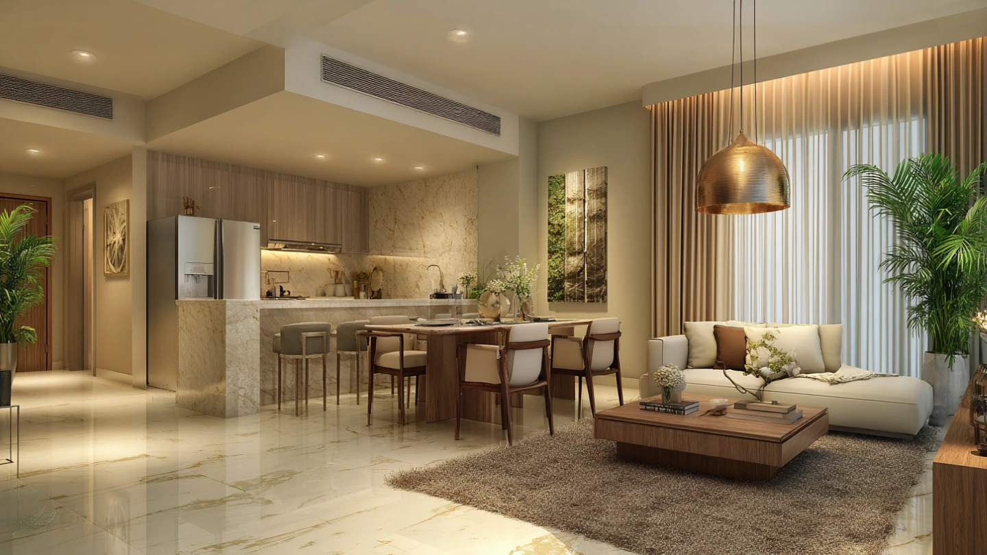 Finished open-concept condo interior in Malaysia with zoned living and dining areas using rugs and lighting
