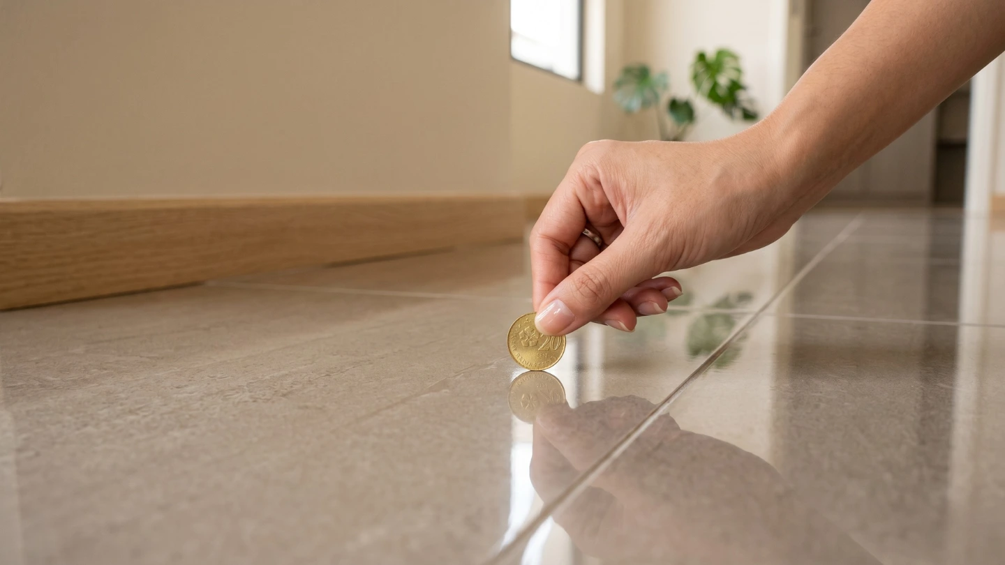 Homeowner tapping a floor tile with a coin to check for hollow-sounding tiles in Malaysian home Homeowner tapping a floor tile with a coin to check for hollow-sounding tiles in Malaysian home