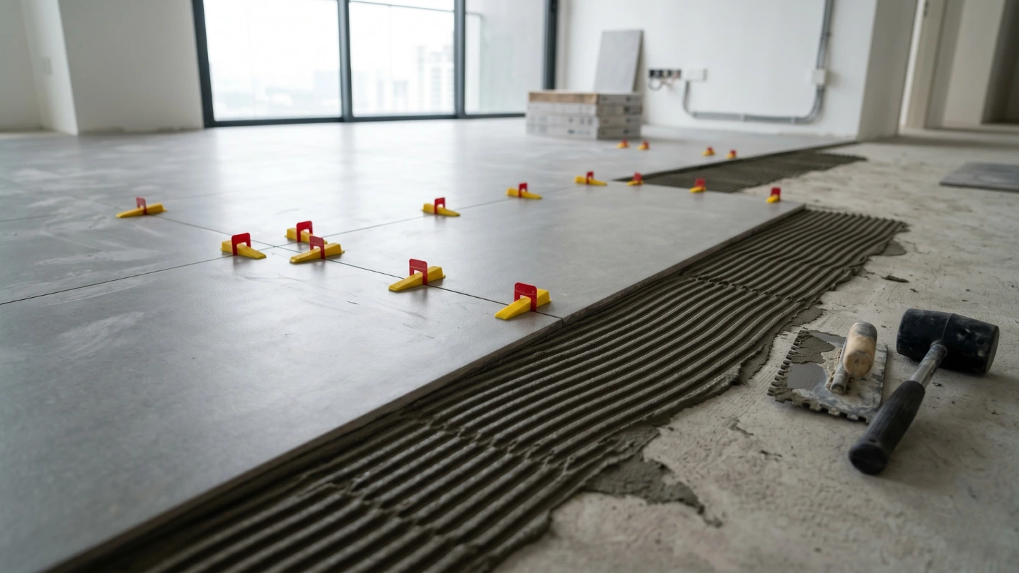 Close-up of freshly laid large-format floor tiles with level clips during Malaysian home renovation Close-up of freshly laid large-format floor tiles with level clips during Malaysian home renovation