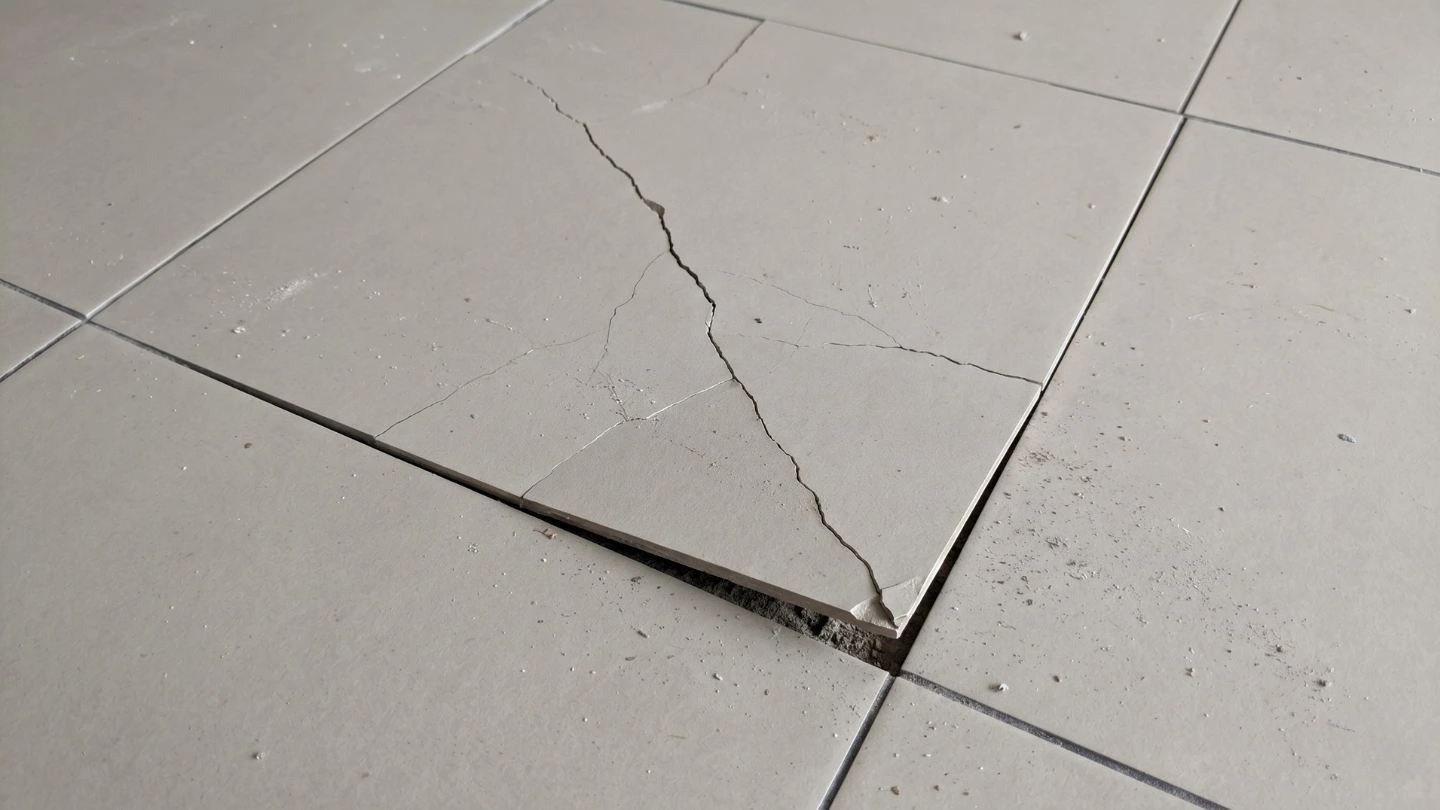 Cracked floor tile showing defect damage caused by hollow tile failure in Malaysian home Cracked floor tile showing defect damage caused by hollow tile failure in Malaysian home