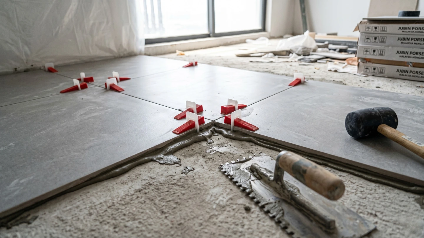 Tile levelling clips and wedges installed between large porcelain tiles during Kuala Lumpur renovation Tile levelling clips and wedges installed between large porcelain tiles during Kuala Lumpur renovation
