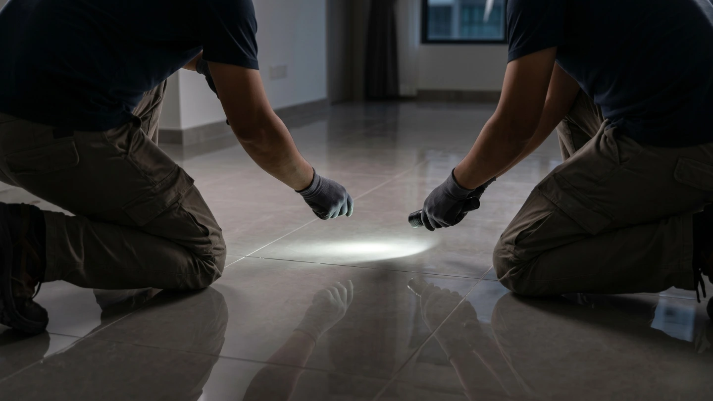 Homeowner using a torch at low angle to inspect tile floor for lippage in Malaysian home Homeowner using a torch at low angle to inspect tile floor for lippage in Malaysian home