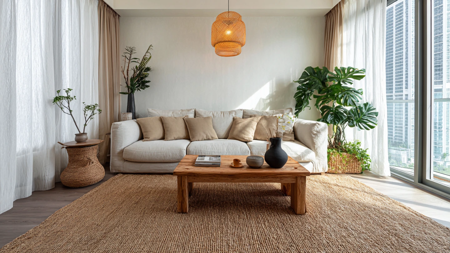Japandi-style living room with warm wood tones and neutral palette in Malaysian condo Japandi-style living room with warm wood tones and neutral palette in Malaysian condo